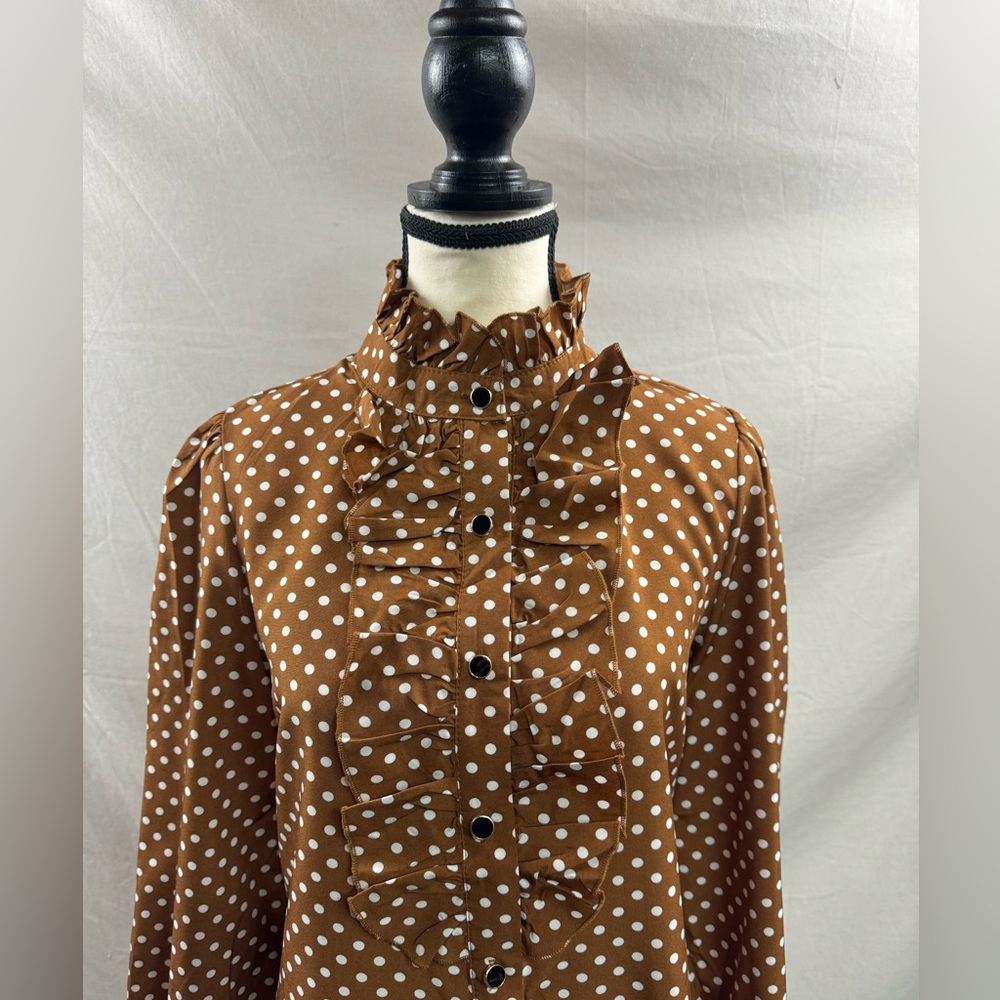 Polka Dot Ruffle Trim Blouse Brown - Picture 7 of 9